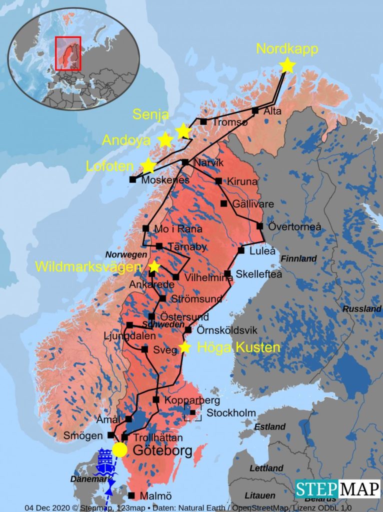 Reiseroute SwissGreyNomads Schweden und Nordnorwegen